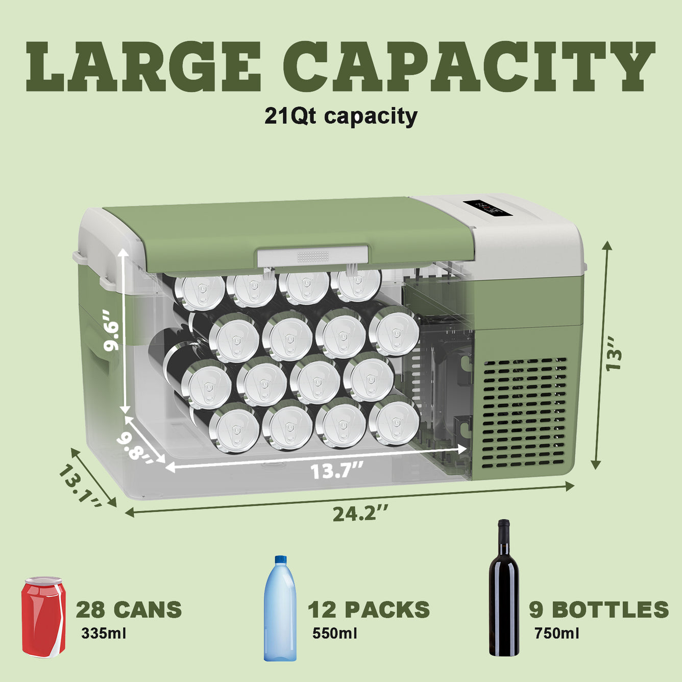 Setpower 21Qt Portable Refrigerator FC20 holds Up To 28 Can of Coca Cola, Use less space but large capacity. 